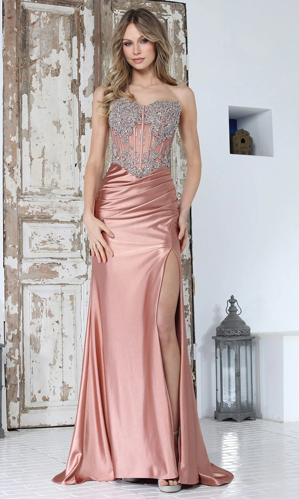 Adora Design 3369 - Sweetheart Basque High Slit Gown