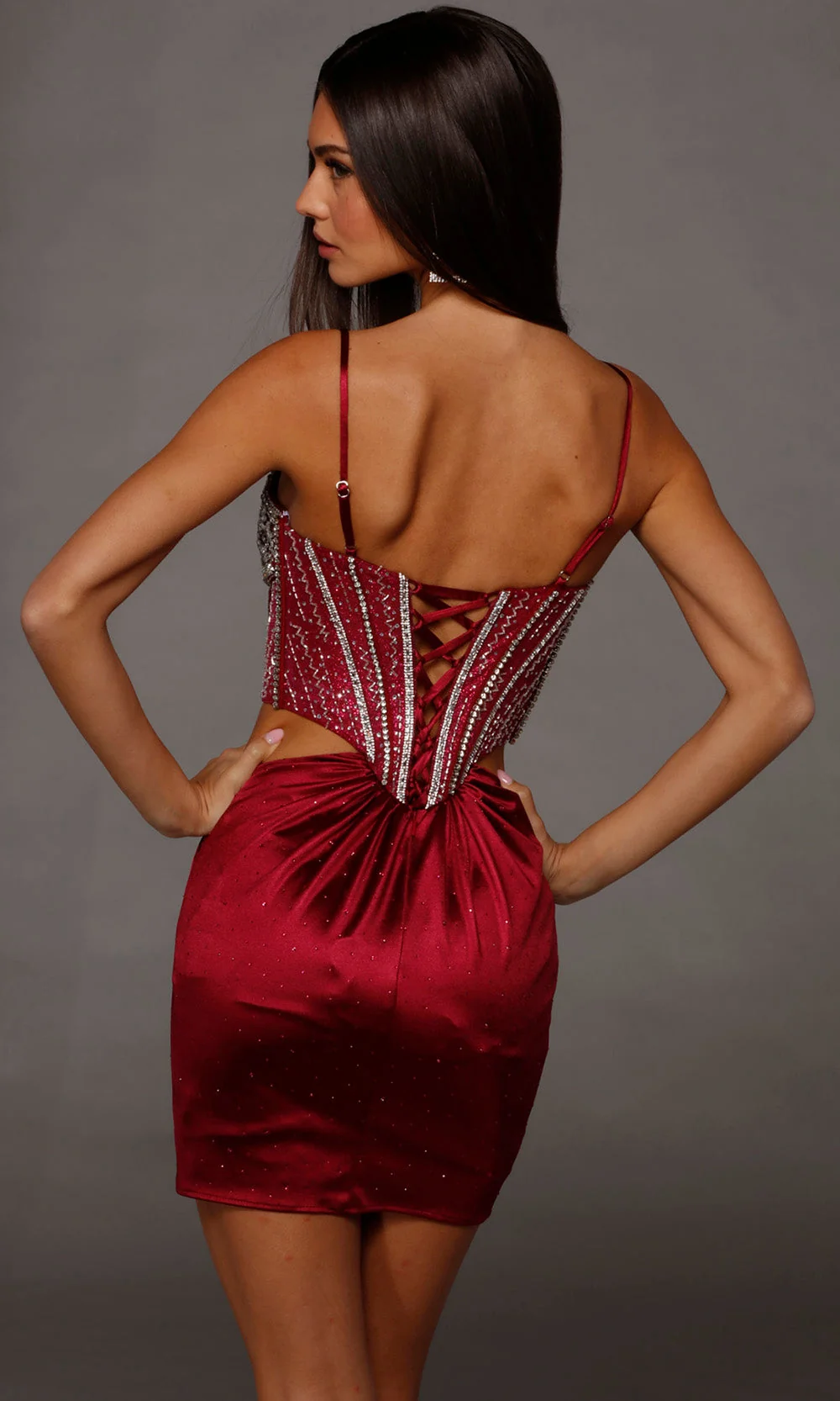 Alyce Paris 40218 - Lace-Up Back Basque Waist Mini Dress - Image 4