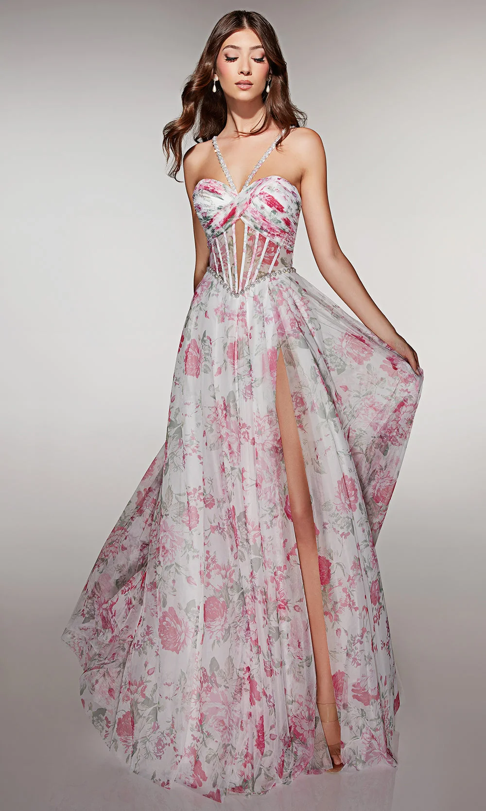 Alyce Paris 61994 - Printed A line dress with beaded straps - Image 13
