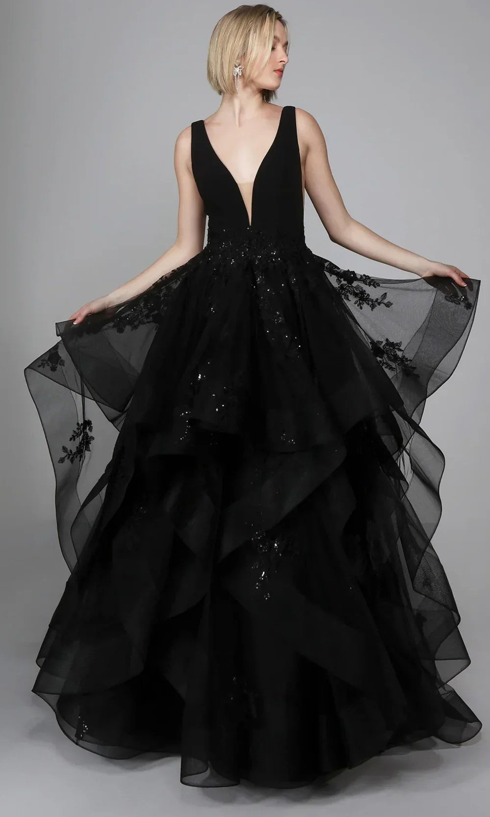 Alyce Paris 7040 - Ruffle Skirt Plunging V-Neck Ballgown
