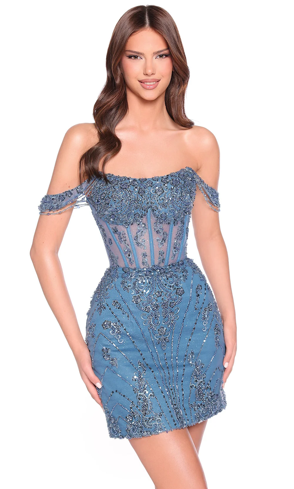 Amarra 88900 - Beaded Tulle Off Shoulder Mini Dress - Image 4