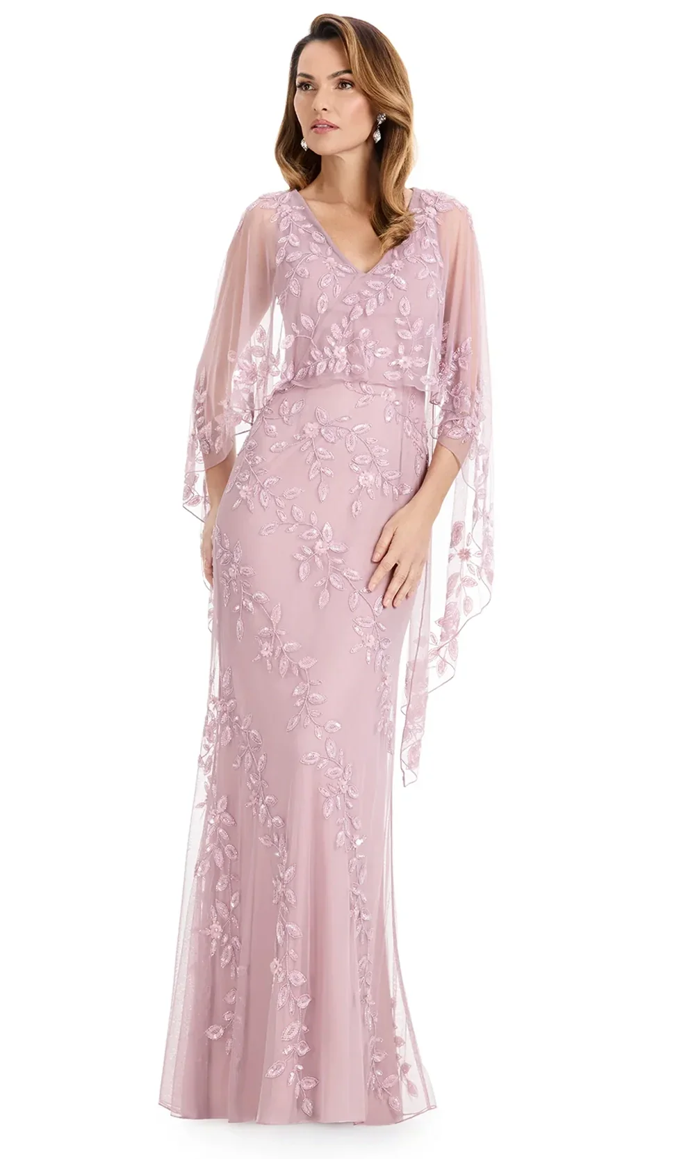 Ashley Lauren E12134 - V-Neckline Leaf Beaded Column Dress - Image 3