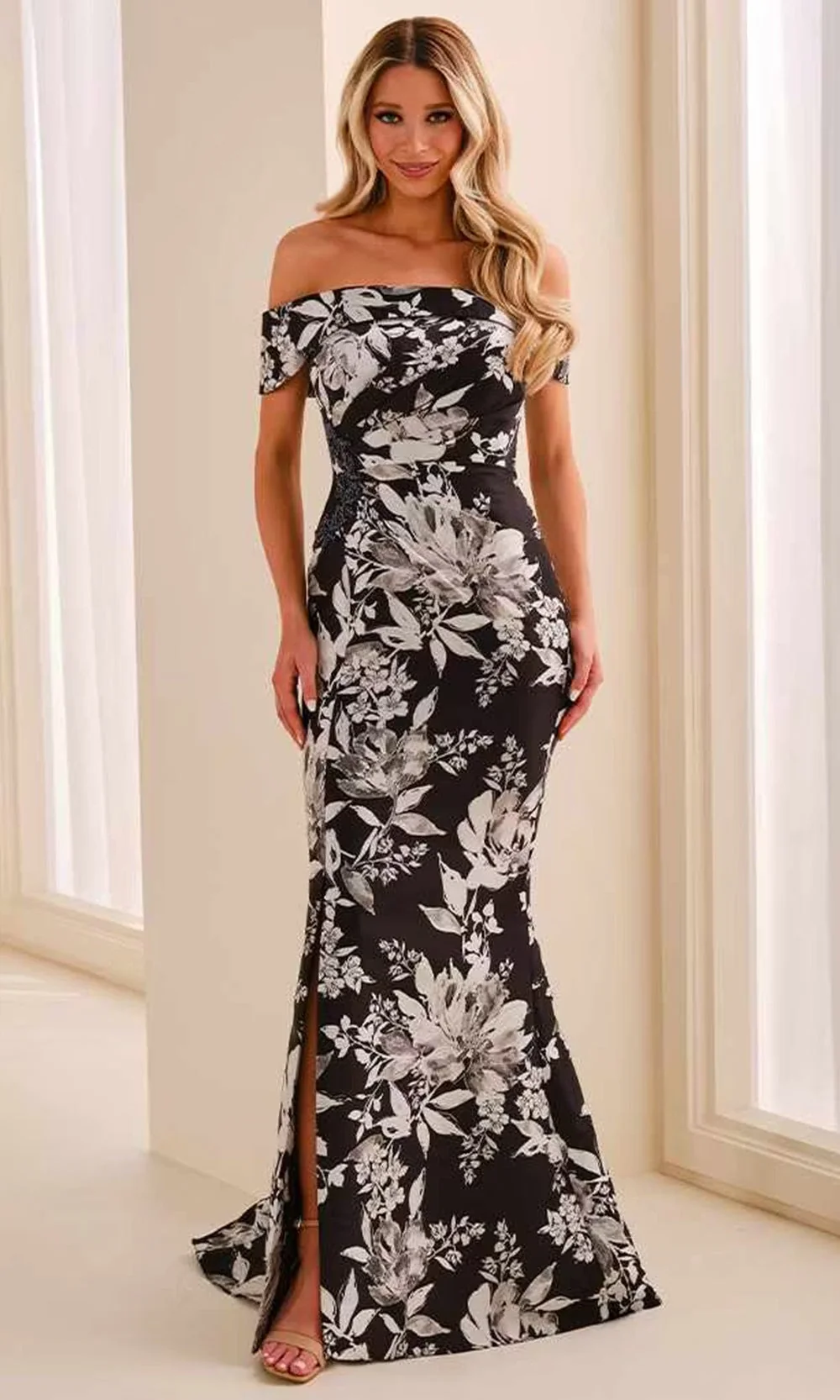 Cameron Blake CB441 - Straight Neckline Jacquard Dress with Slit - Image 5