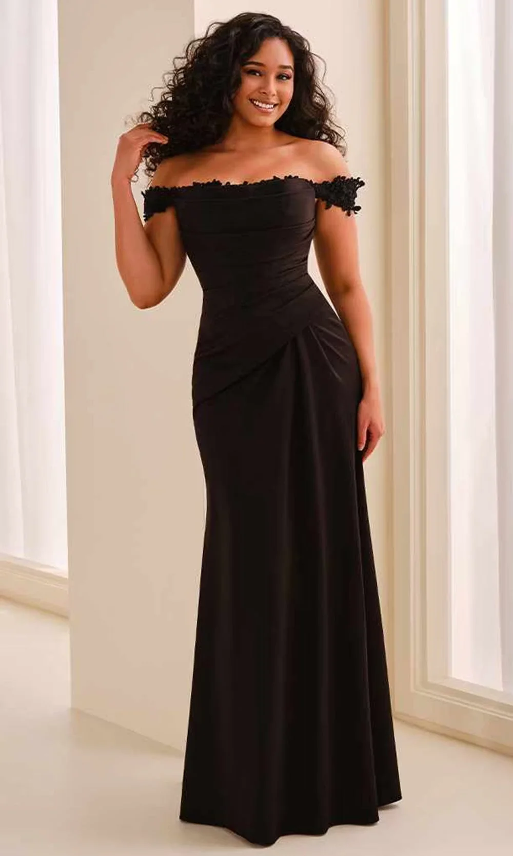 Cameron Blake CB444 - Off Shoulder Draped Dress with Applique - Image 5