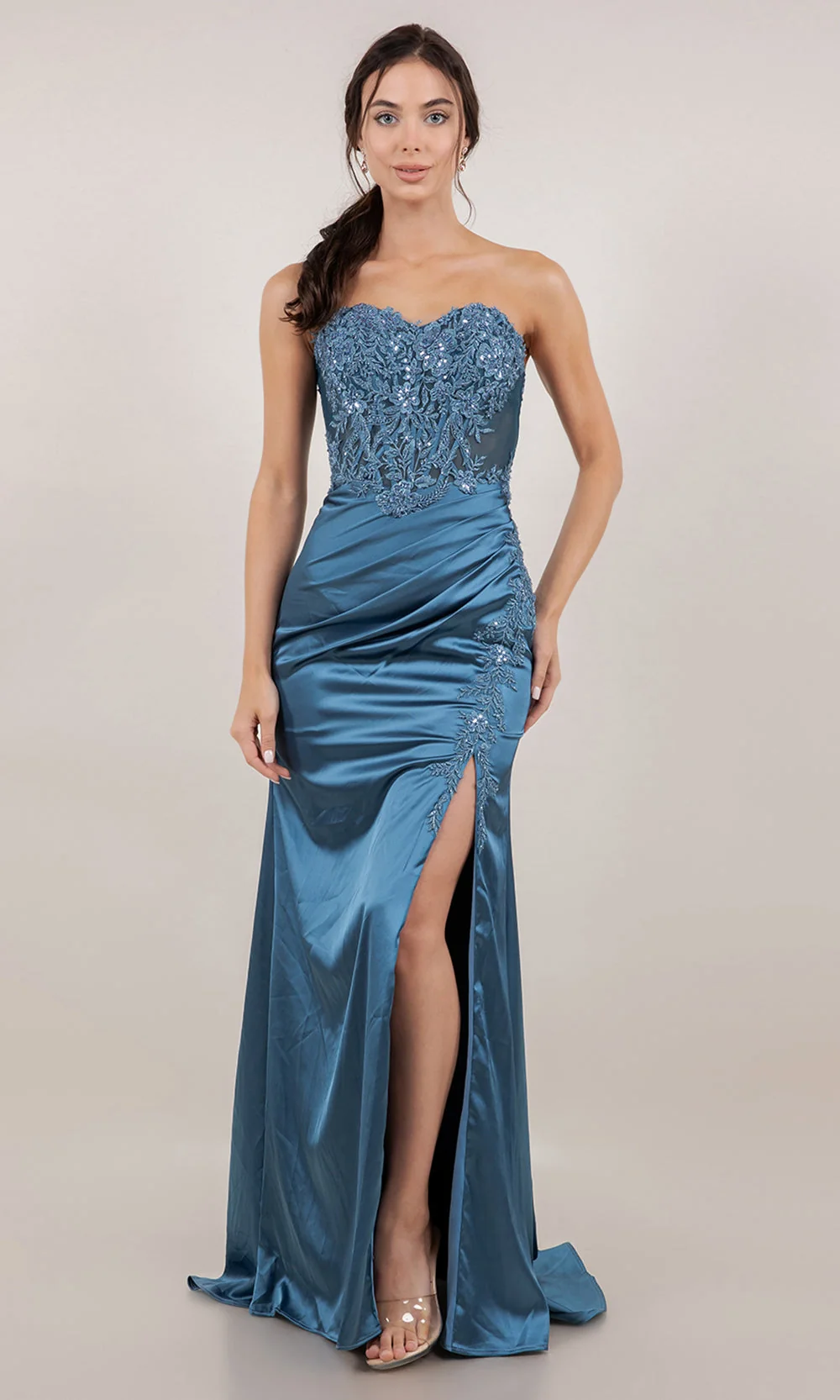 Cinderella Couture 8453J - Satin Strapless Floral Applique Prom Gown - Image 3