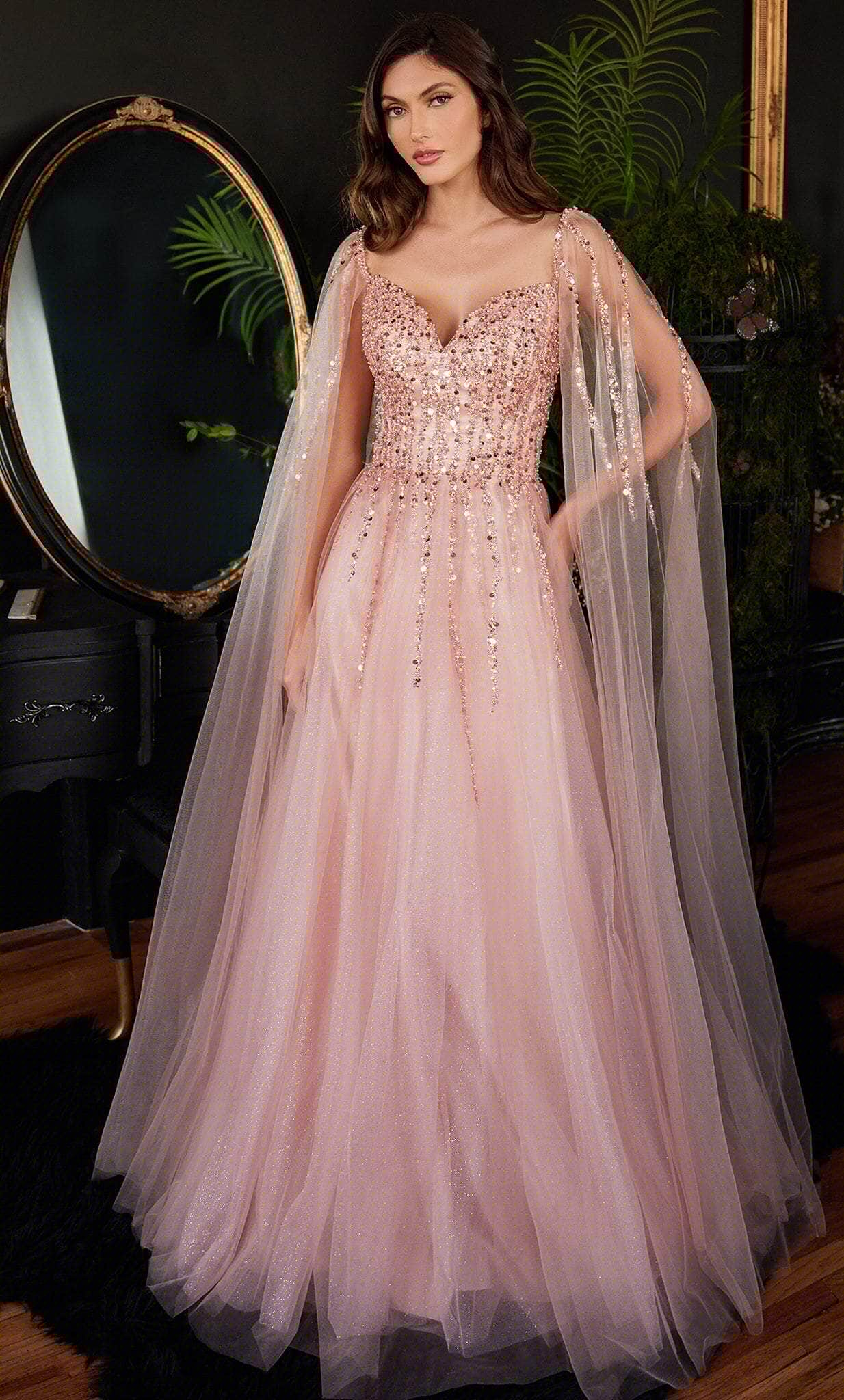 Cinderella Divine CD0204 - Cape Sleeve Evening Gown with Stunning Embellishments - Image 2