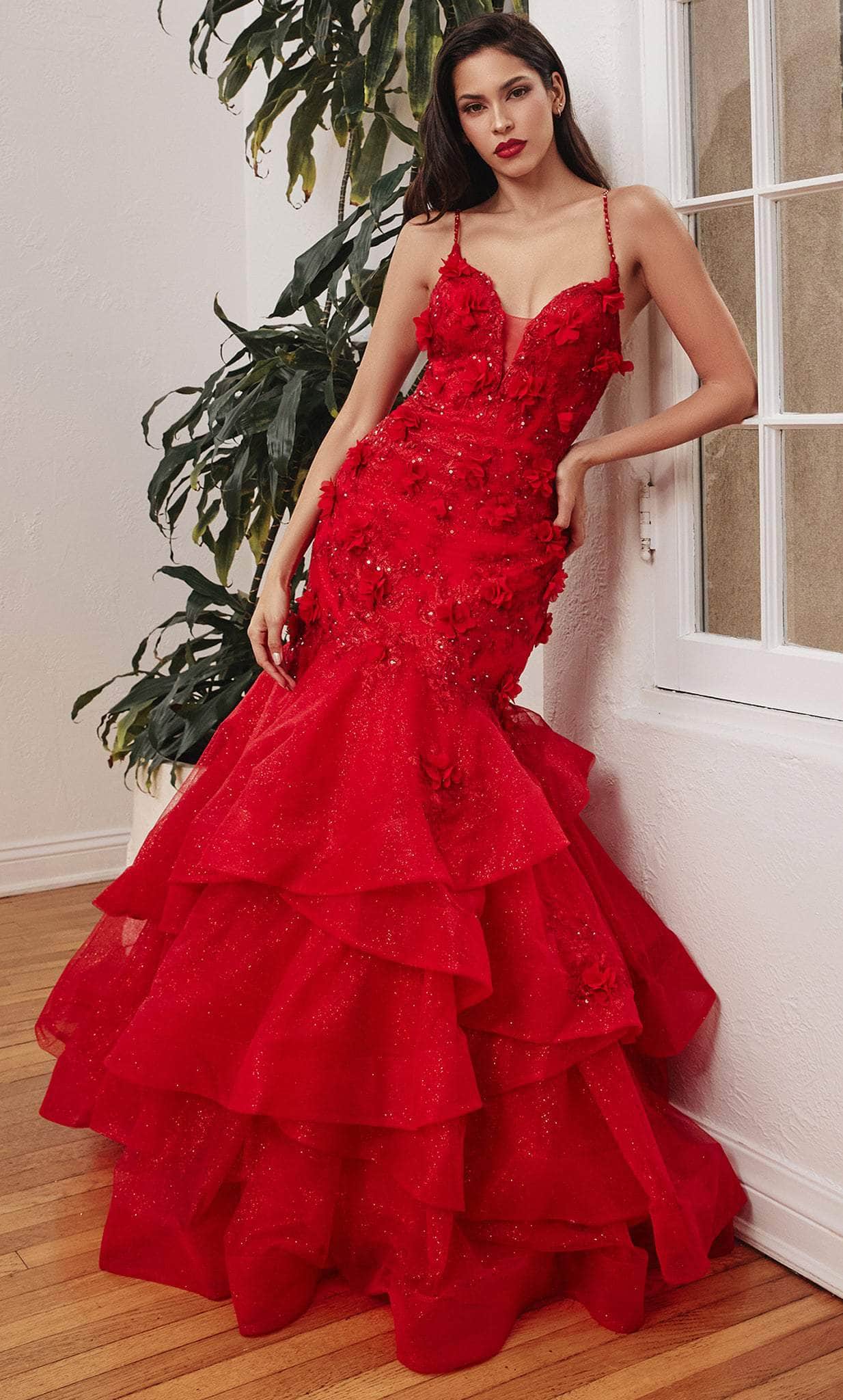 Cinderella Divine CM329 - Floral Embellished Mermaid with Tiers Evening Dress