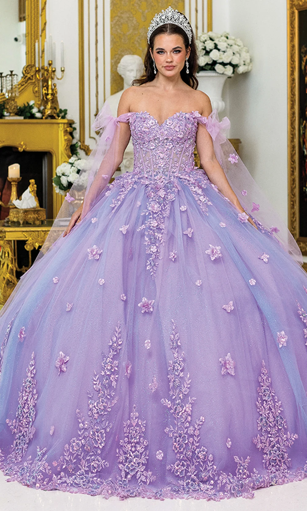 Dancing Queen 5029 - Sheer Cape Sleeves Floral Ballgown