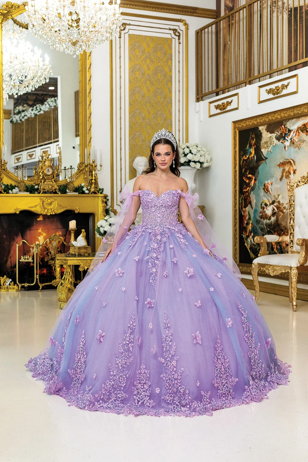 Dancing Queen 5029 - Sheer Cape Sleeves Floral Ballgown - Image 3