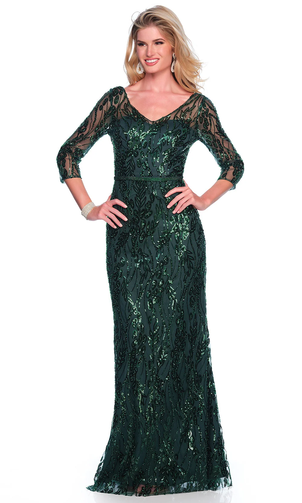 Dave & Johnny 12317 - Three-Quarter Sleeve V-Neck Sparkle Dress