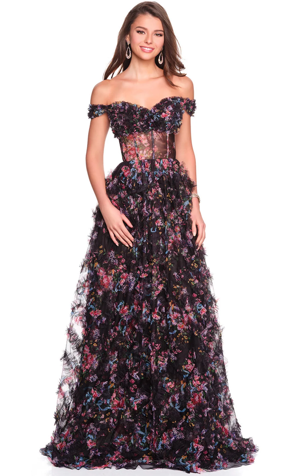 Dave & Johnny 12508 - Floral Print A-Line Dress with Ruffles