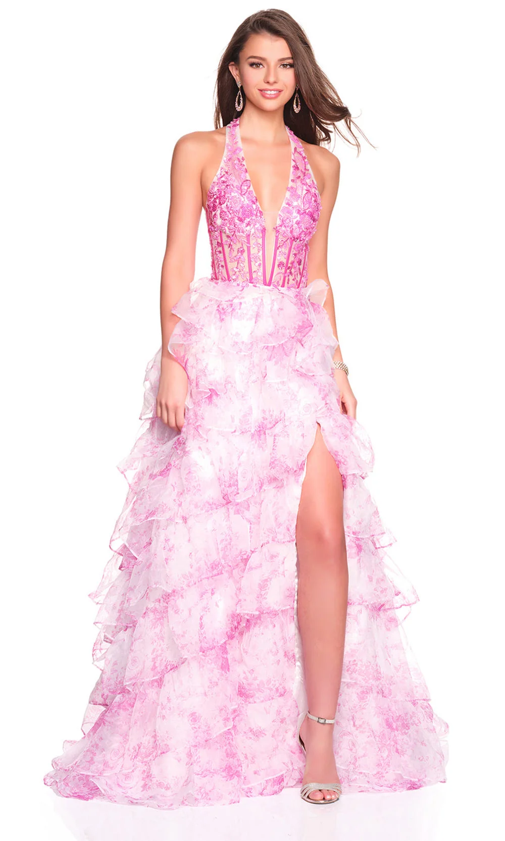 Dave & Johnny 12766 - Tiered Ruffle Floral Print Ballgown