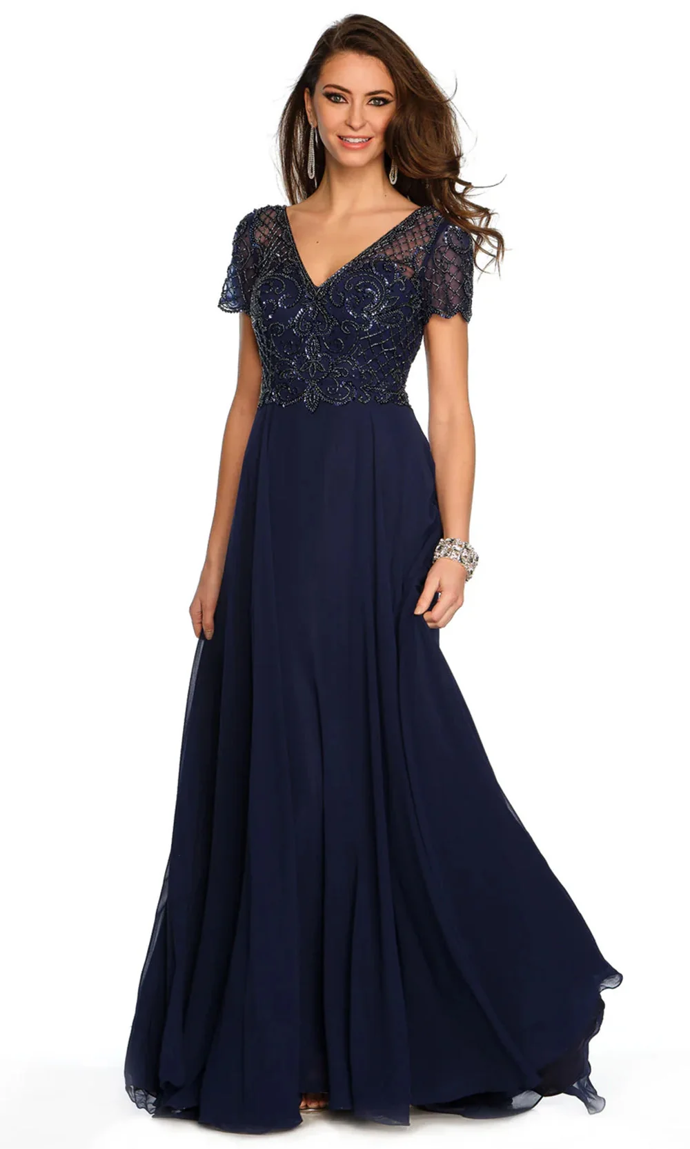 Dave & Johnny 9322 - Short Sleeve Chiffon Evening Gown