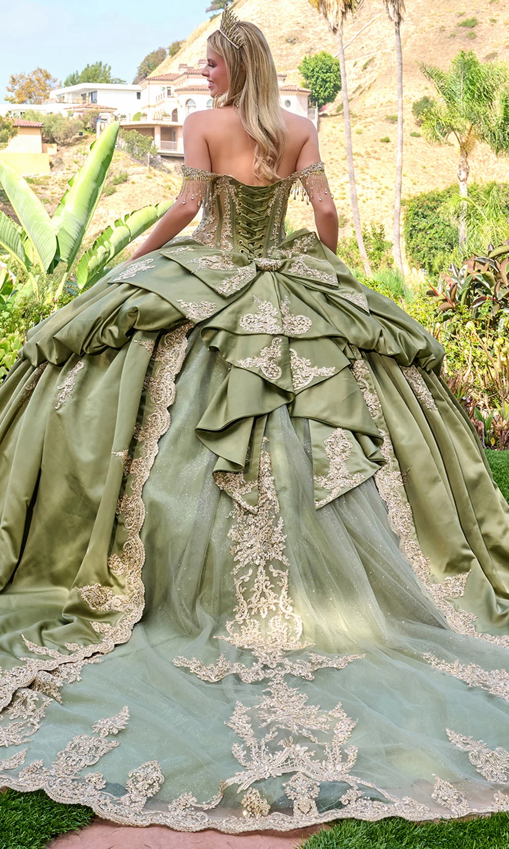 Elizabeth K GL3810 - Fringe Sleeve Embroidered Satin Ballgown - Image 10