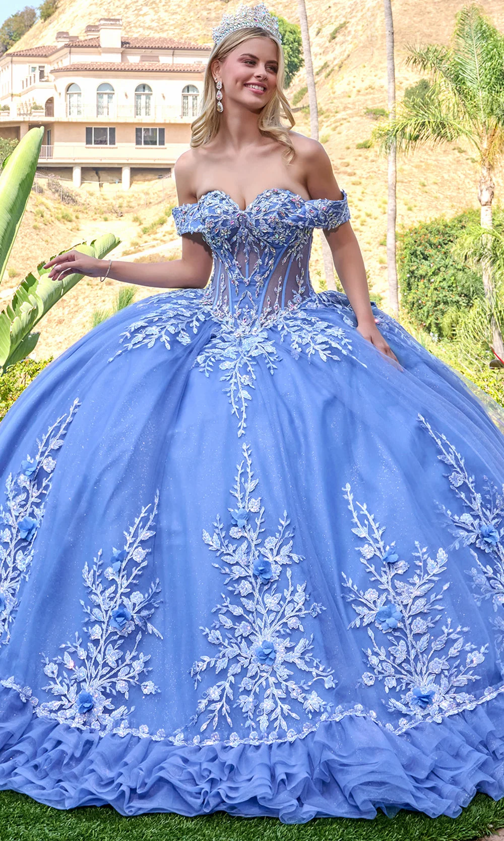 Elizabeth K GL3812 - Ruffled Hem Off Shoulder Quinceanera Gown