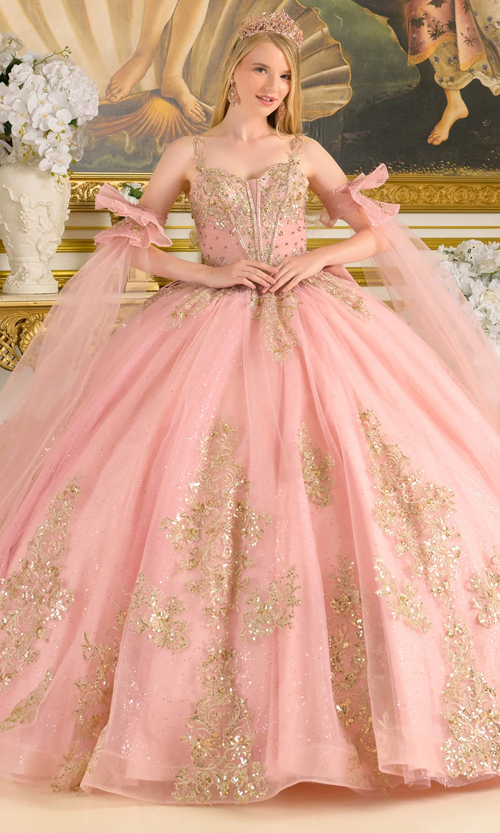 Elizabeth K GL3814 - Embroidered Tulle Detachable Cape Sleeve Gown