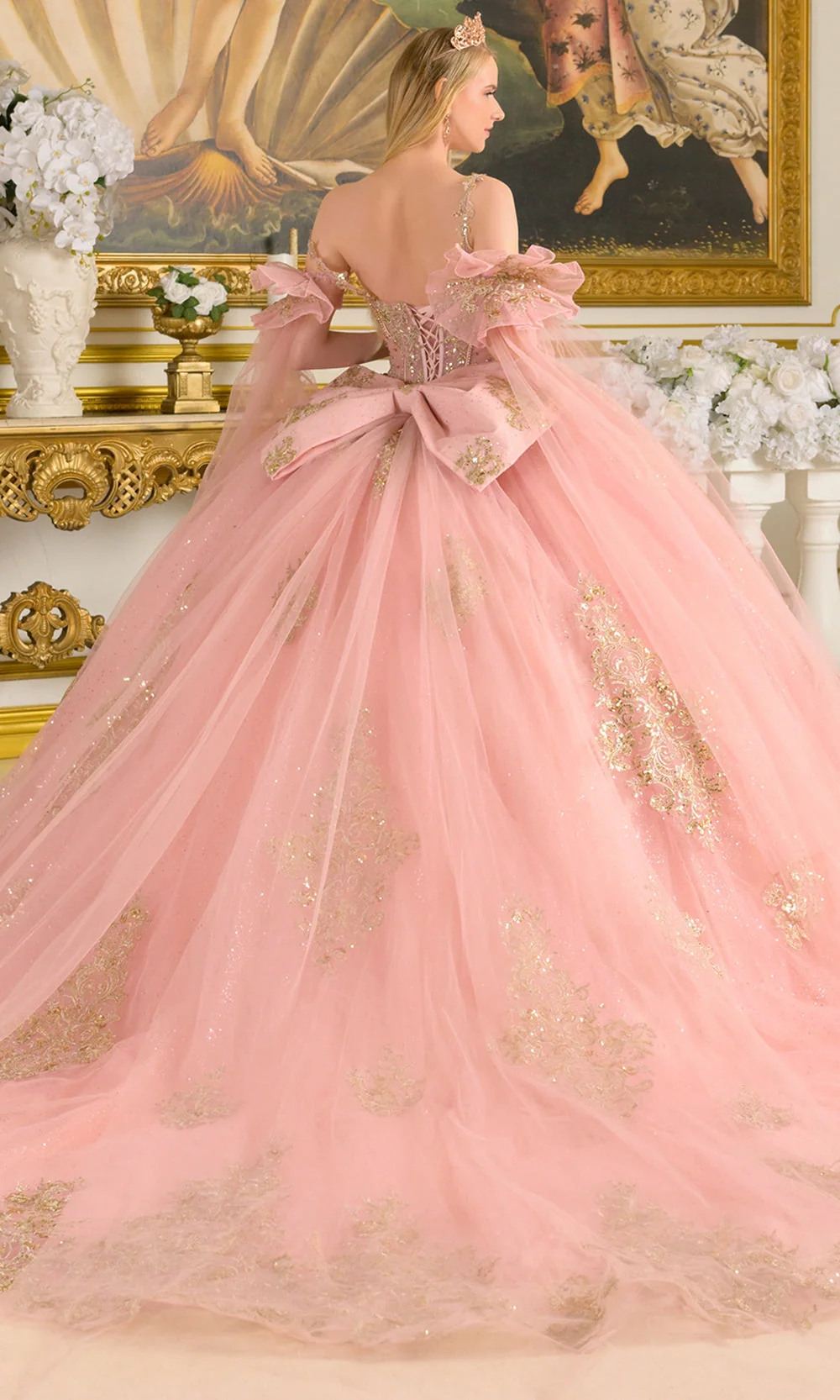Elizabeth K GL3814 - Embroidered Tulle Detachable Cape Sleeve Gown - Image 2