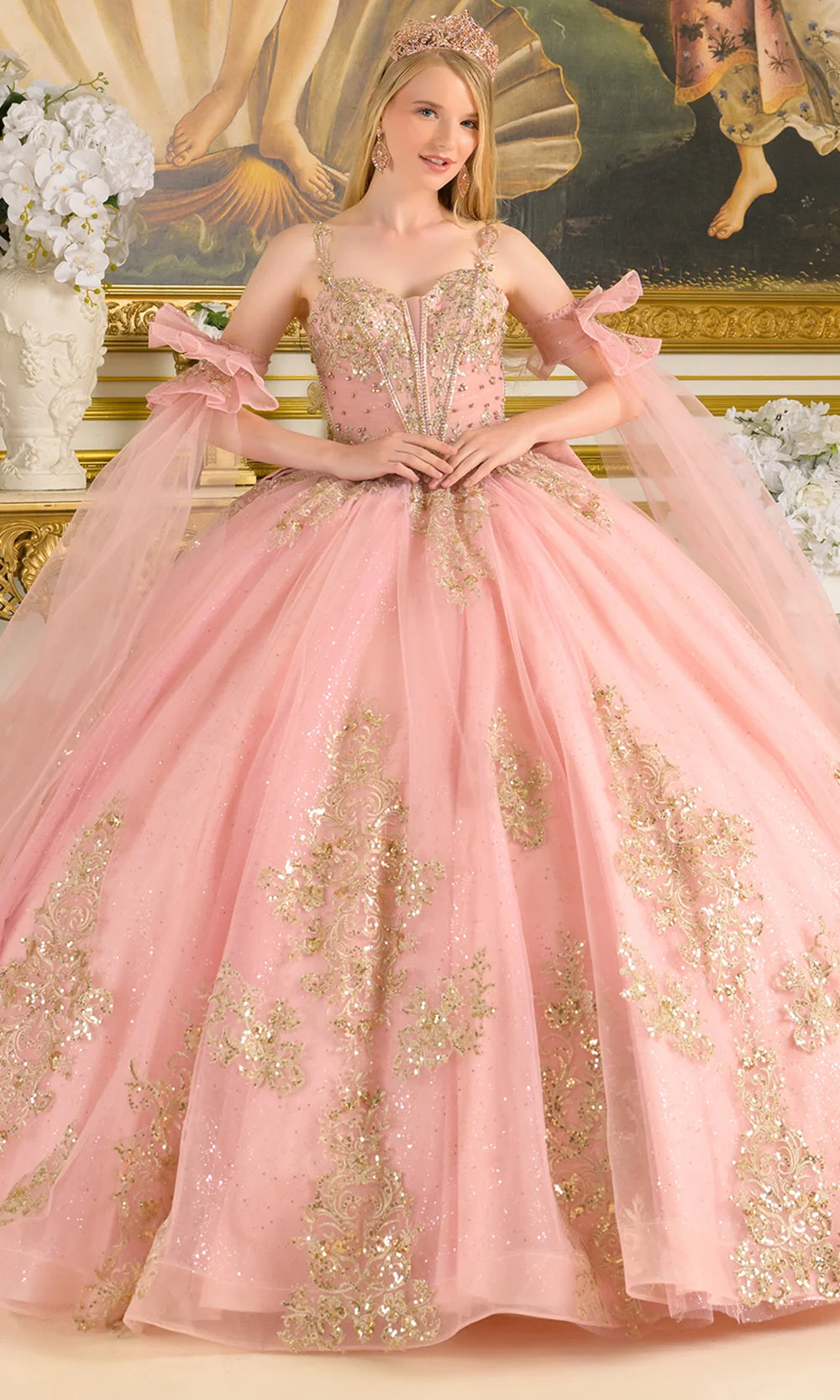 Elizabeth K GL3814 - Embroidered Tulle Detachable Cape Sleeve Gown - Image 3