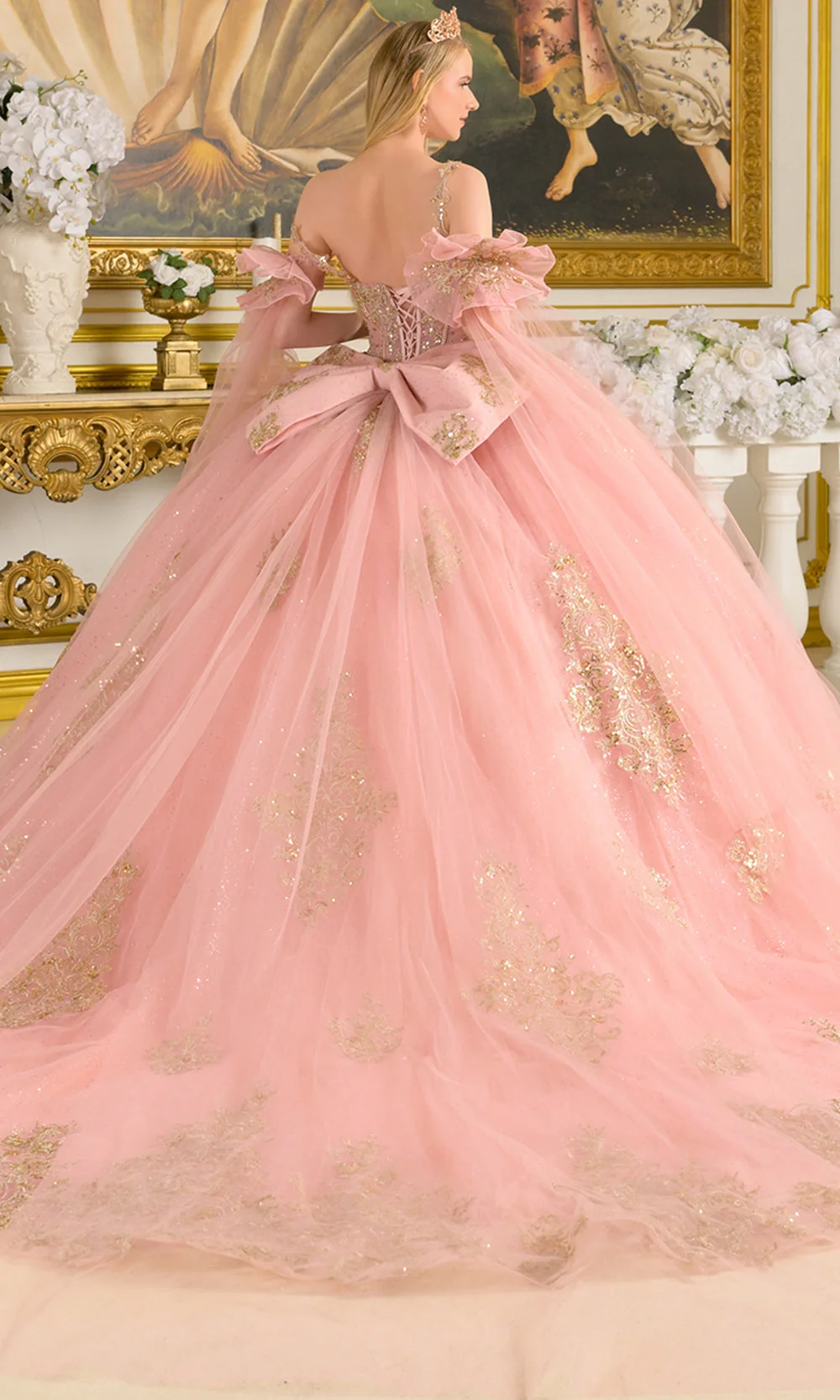 Elizabeth K GL3814 - Embroidered Tulle Detachable Cape Sleeve Gown - Image 4