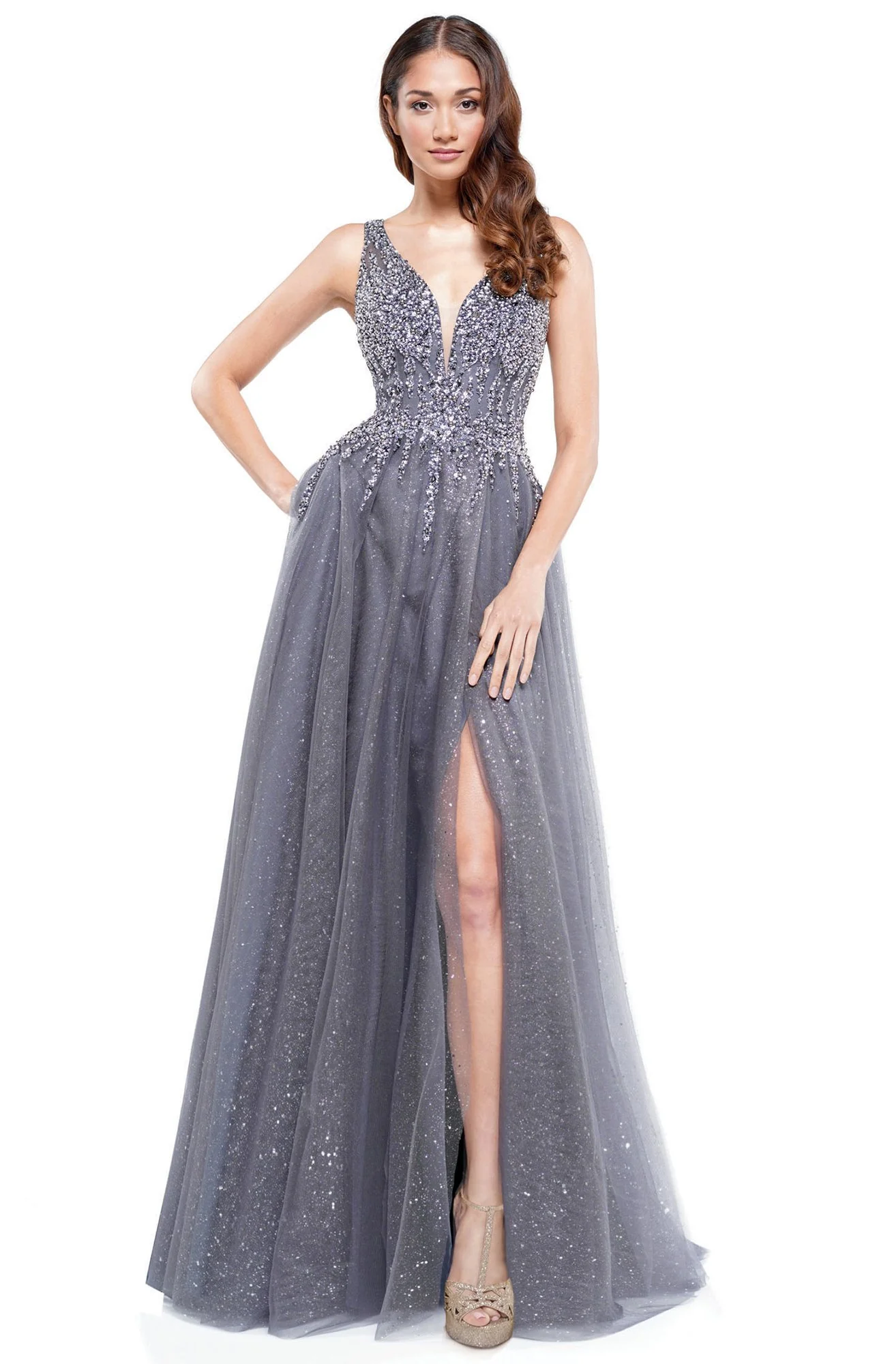 Glow Dress - G874 Bedazzled V-Neck Glitter A-Line Dress - Image 3