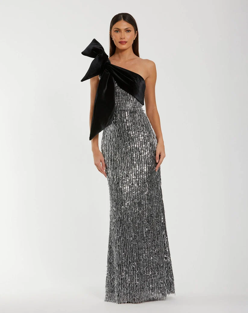 Ieena Duggal 27690 - Sequin Embellished Velvet Bow Long Dress