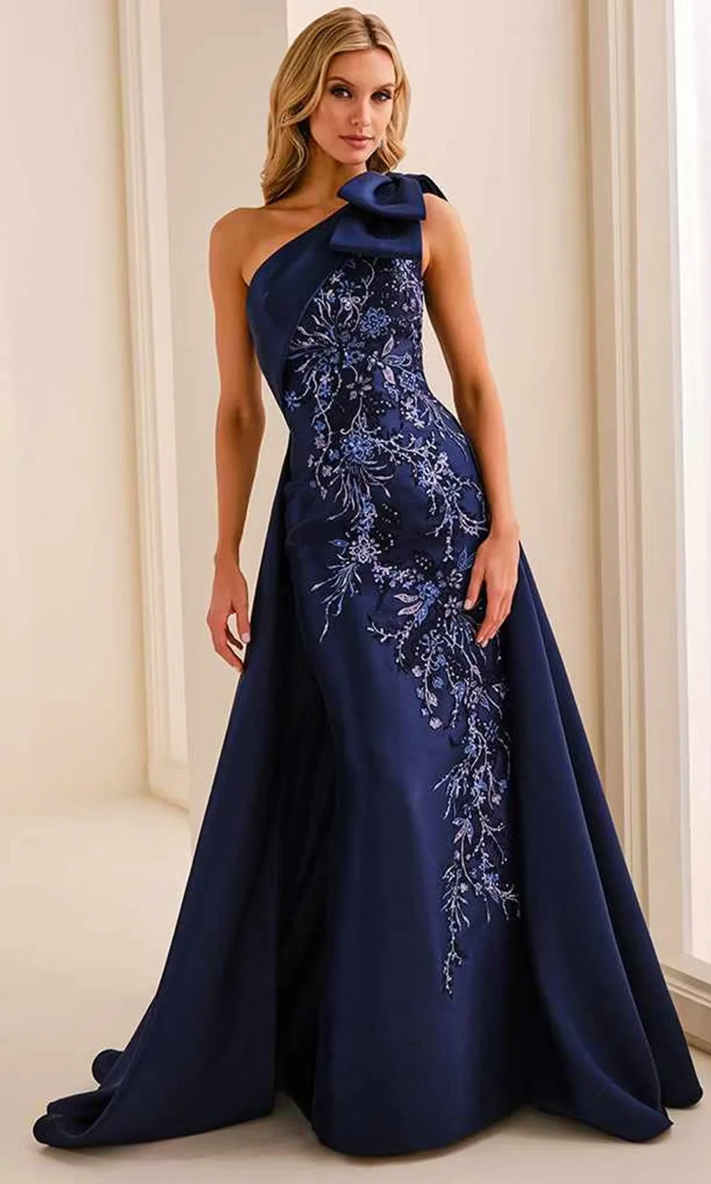 Ivonne D ID2207 - Embroidered Asymmetric Neck Column Dress