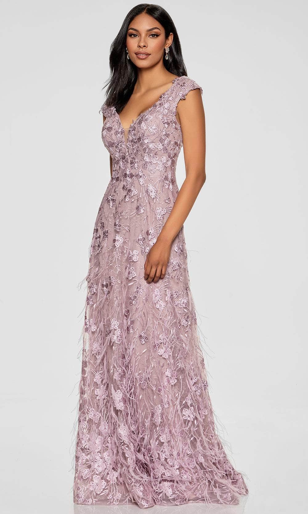Ivonne D ID807 - Plunging Neck Feathered Sheath Gown - Image 4