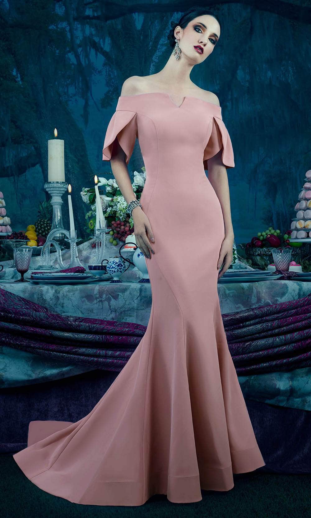 Janique 1941 - Notched Off-Shoulder Ruffle Sleeve Gown - Image 13