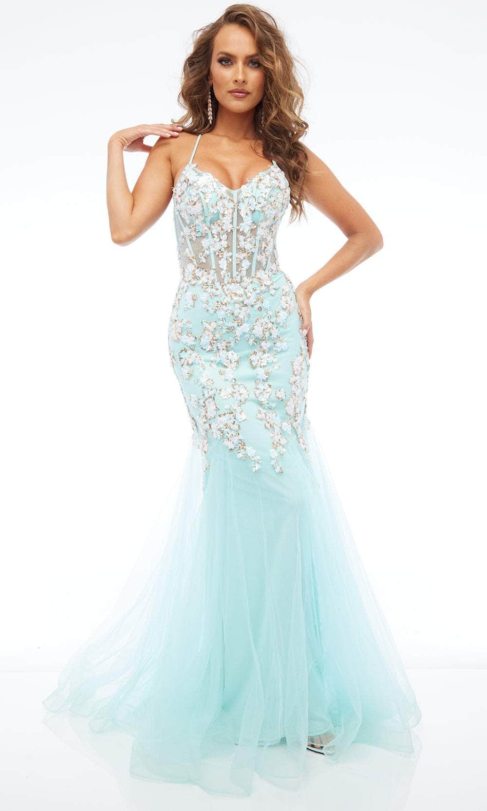 Jasz Couture 7700 - V-Neckline Corset Tulle Dress