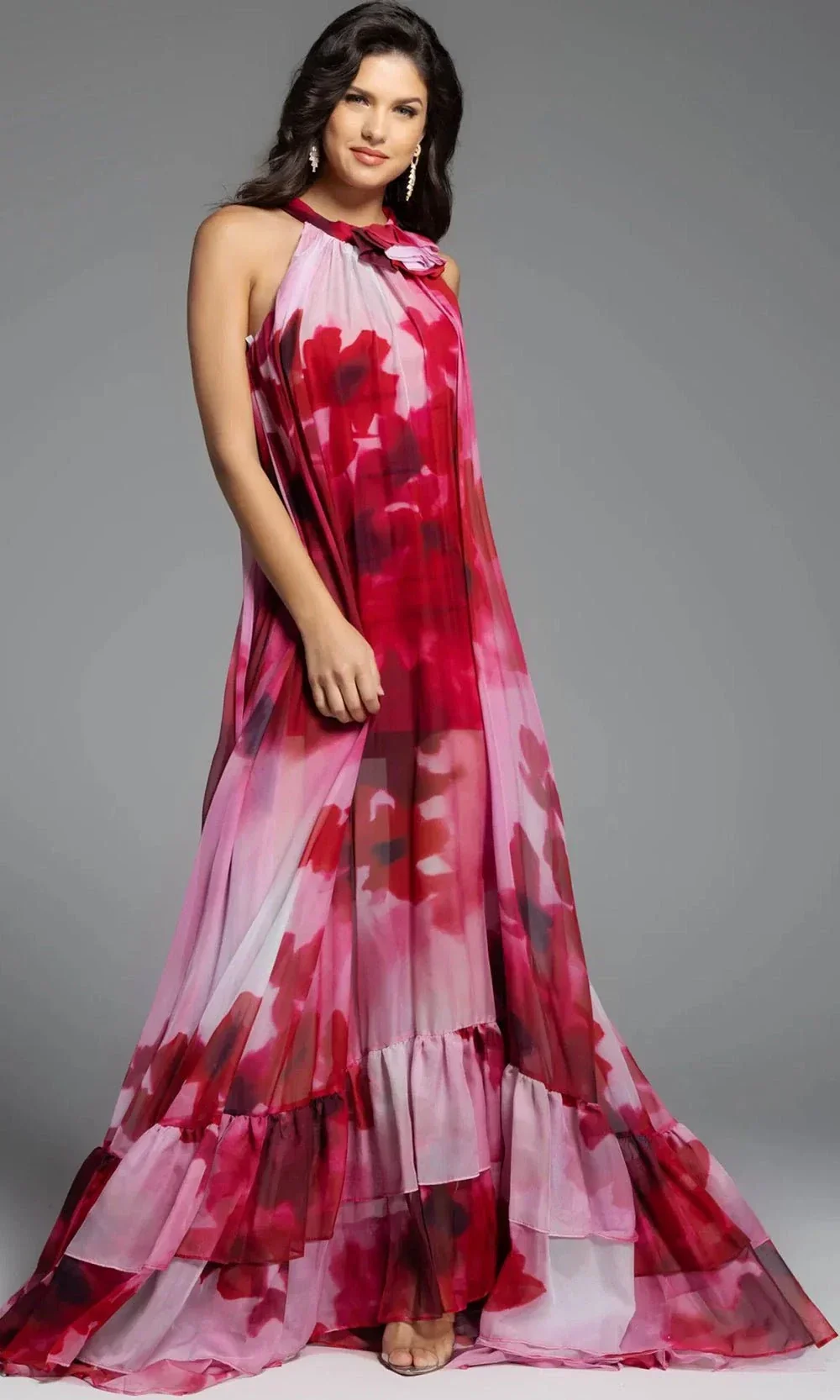 Jovani 38719 - Rosette Detail Long Printed Dress - Image 3