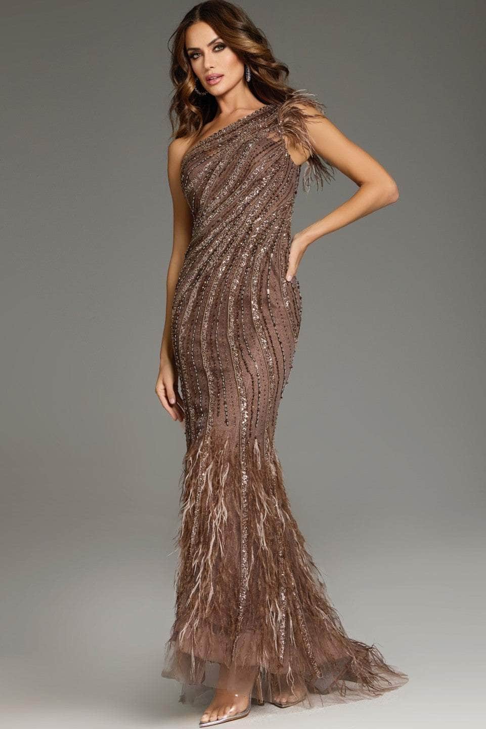 Jovani 39170 - Feather Detailed One-Shoulder Prom Gown - Image 3