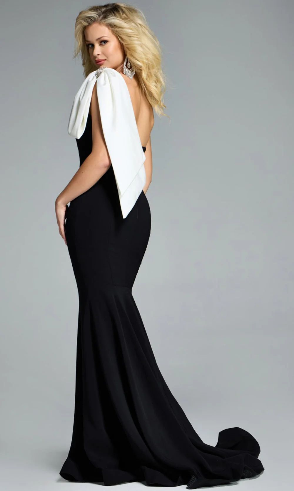 Jovani 41132 - Satin Asymmetric Gown with Shoulder Bow - Image 4