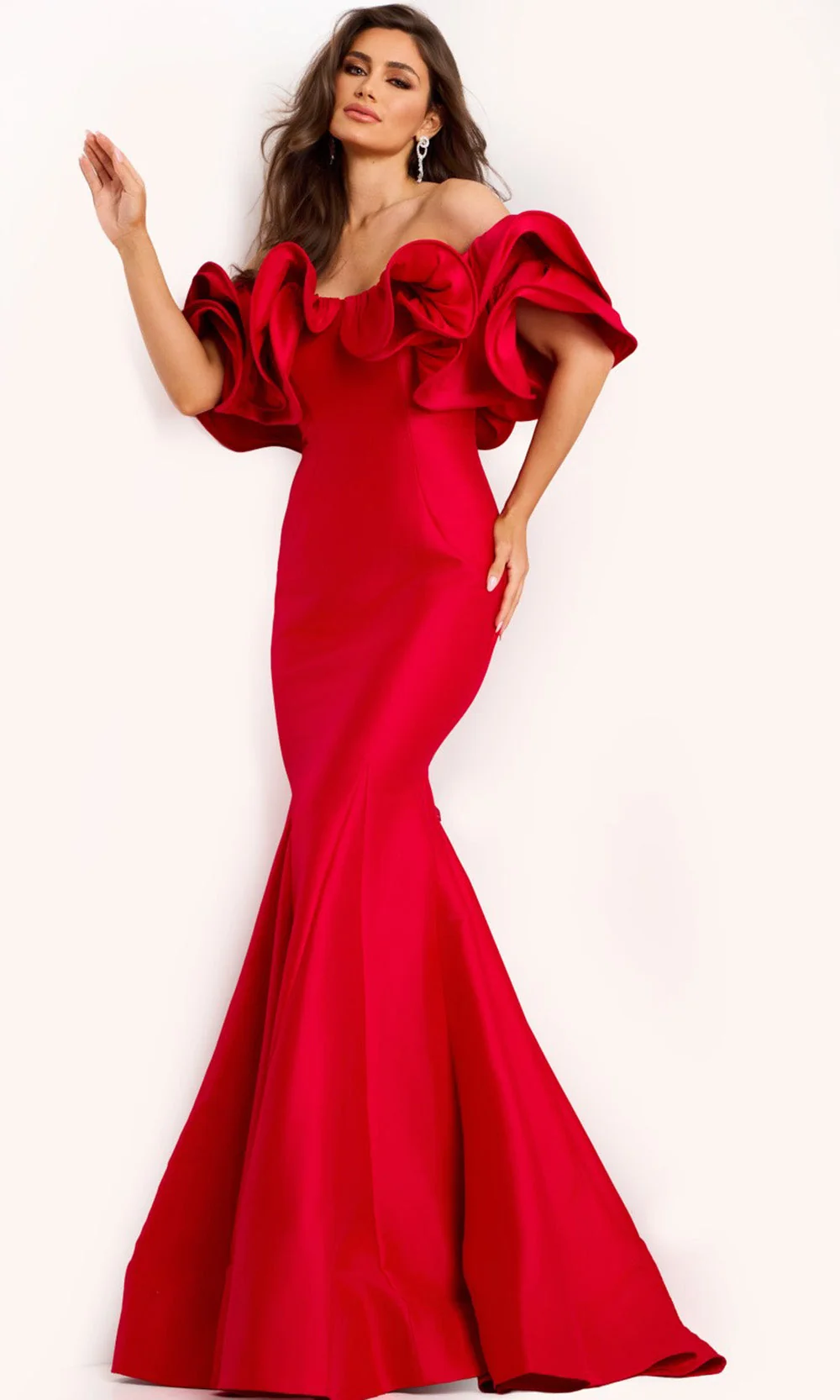 Jovani 43757 - Satin Ruffled Off Shoulder Gown - Image 2