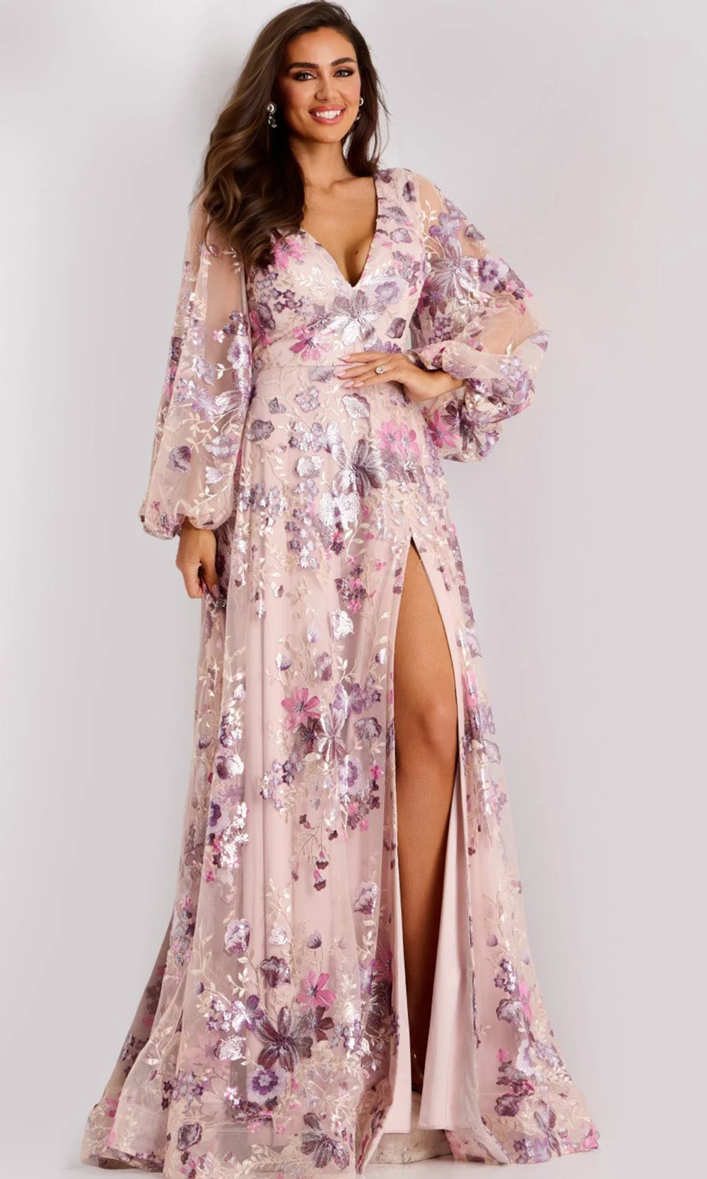 Jovani 44655 - V-Neckline Embroidered Tulle Gown - Image 4