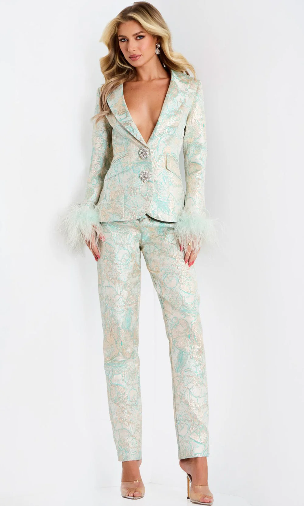 Jovani 45178 - Plunging V-Neck Floral Texture Pantsuit - Image 3