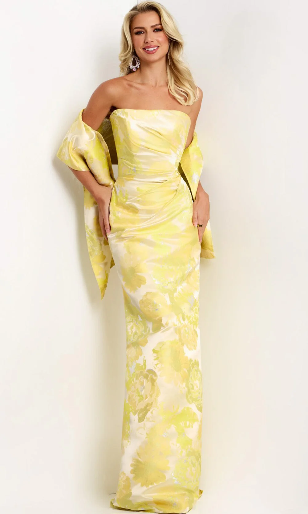 Jovani 45289 - Floral Straight Neckline Gown with Shawl