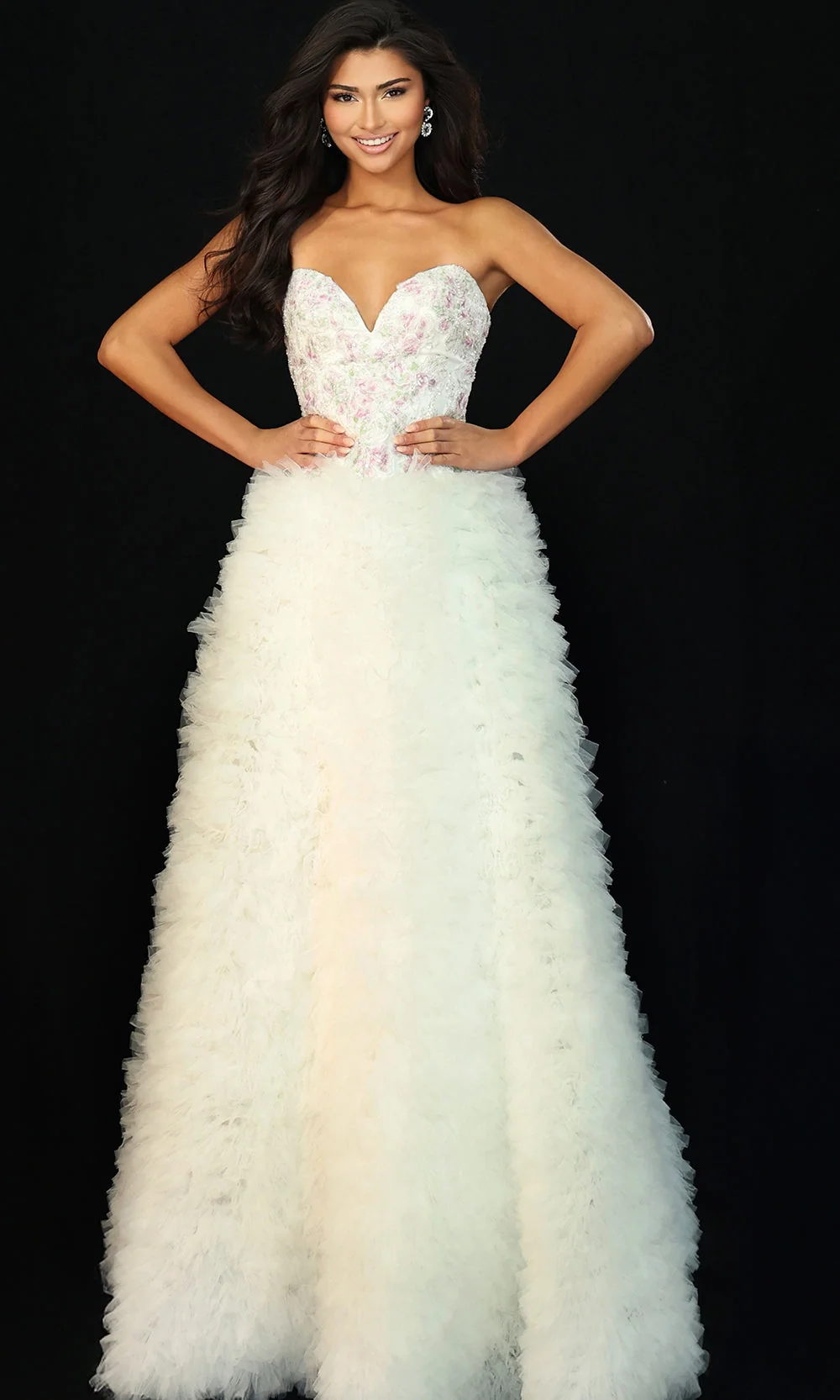 Jovani 45636 - Strapless Tulle Textured Ruffle Dress