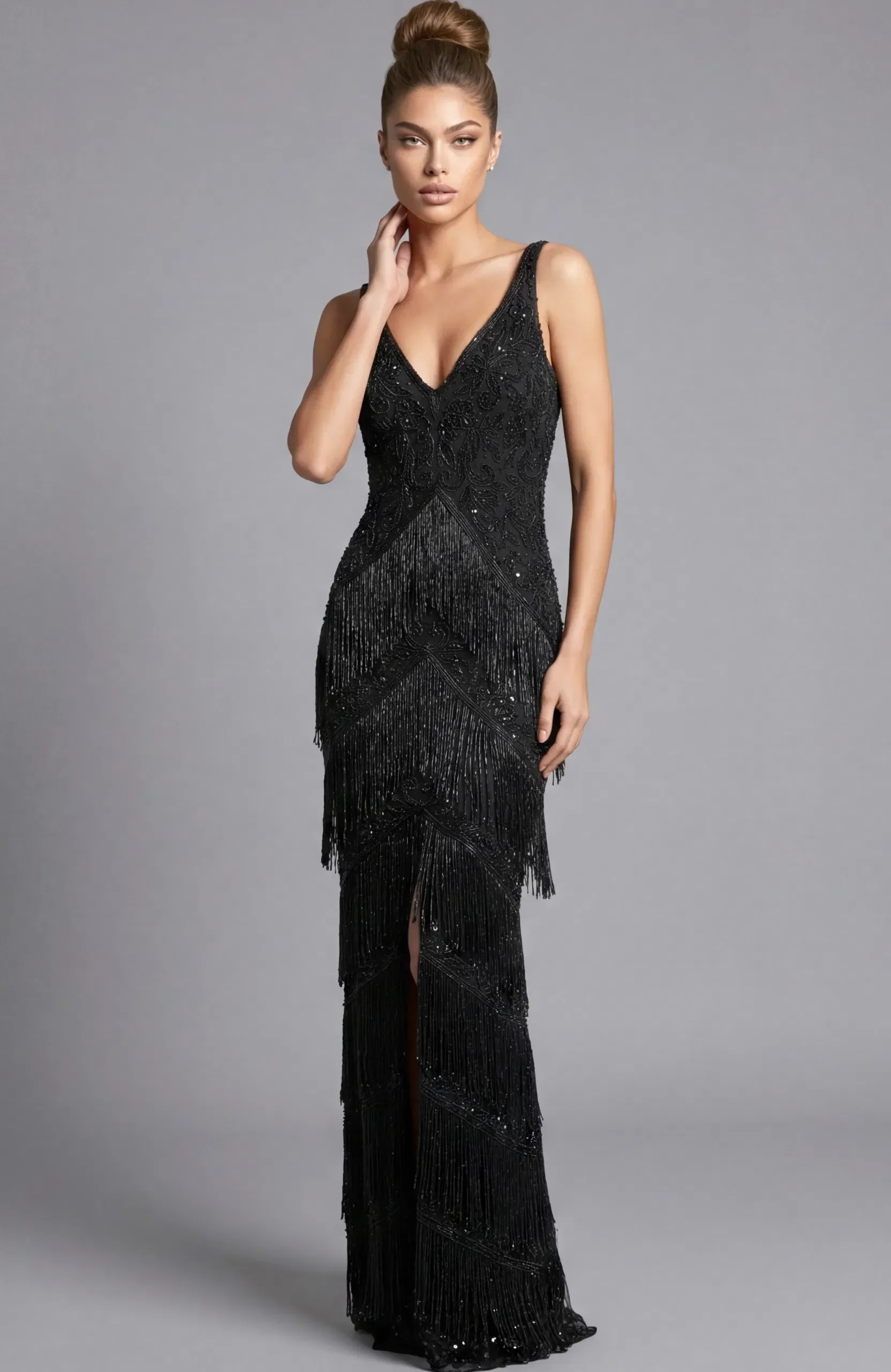 Jovani 48521 - V-Back Sheath Prom Gown with Fringes - Image 9