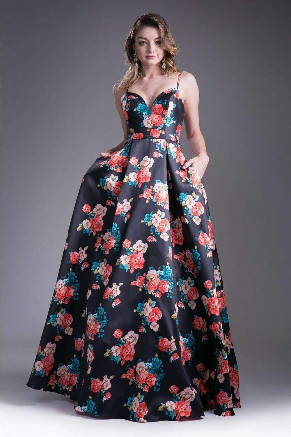 Ladivine 13103 - Pleated Sweetheart Floral Evening Dress
