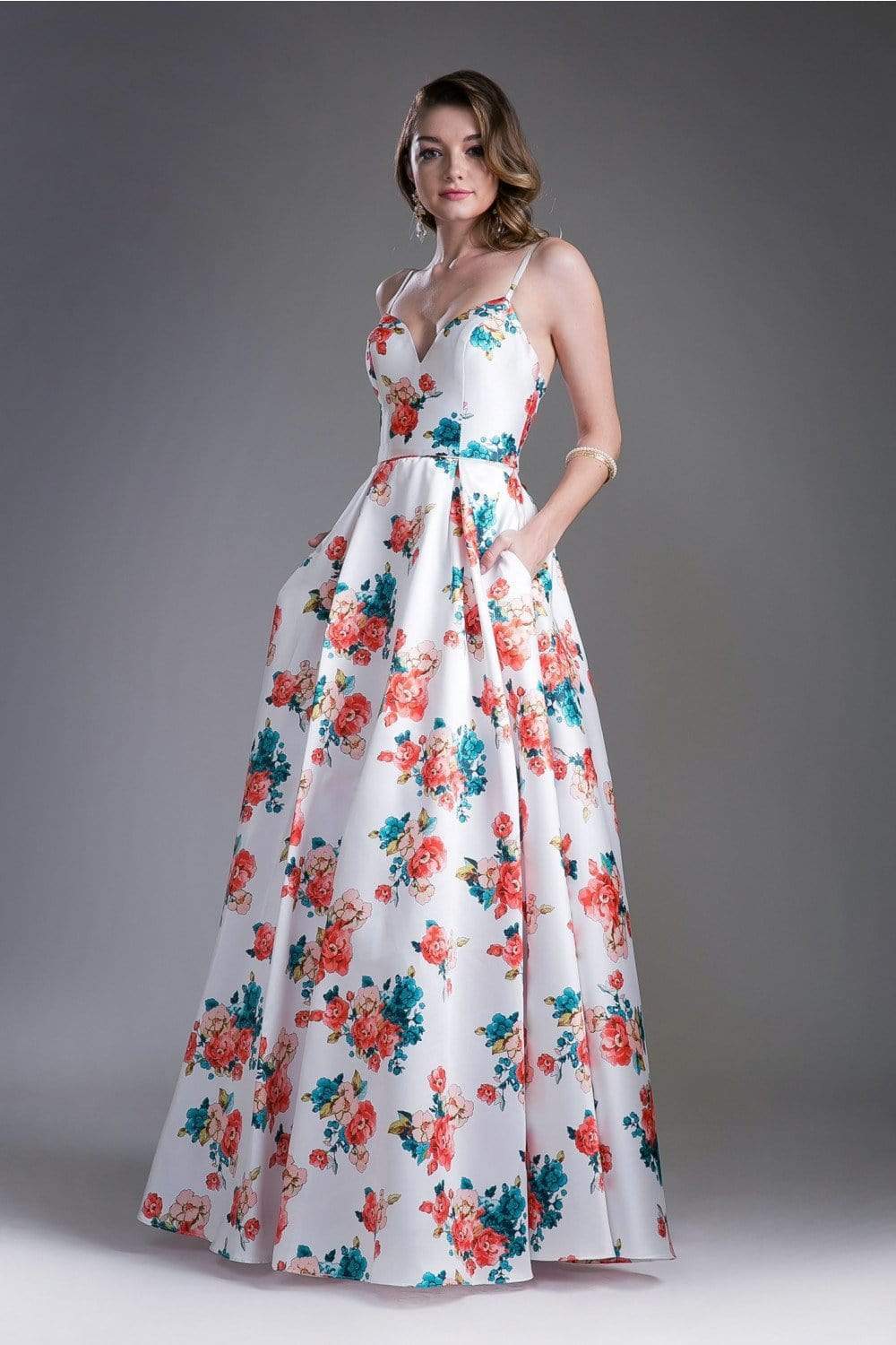Ladivine 13103 - Pleated Sweetheart Floral Evening Dress - Image 3