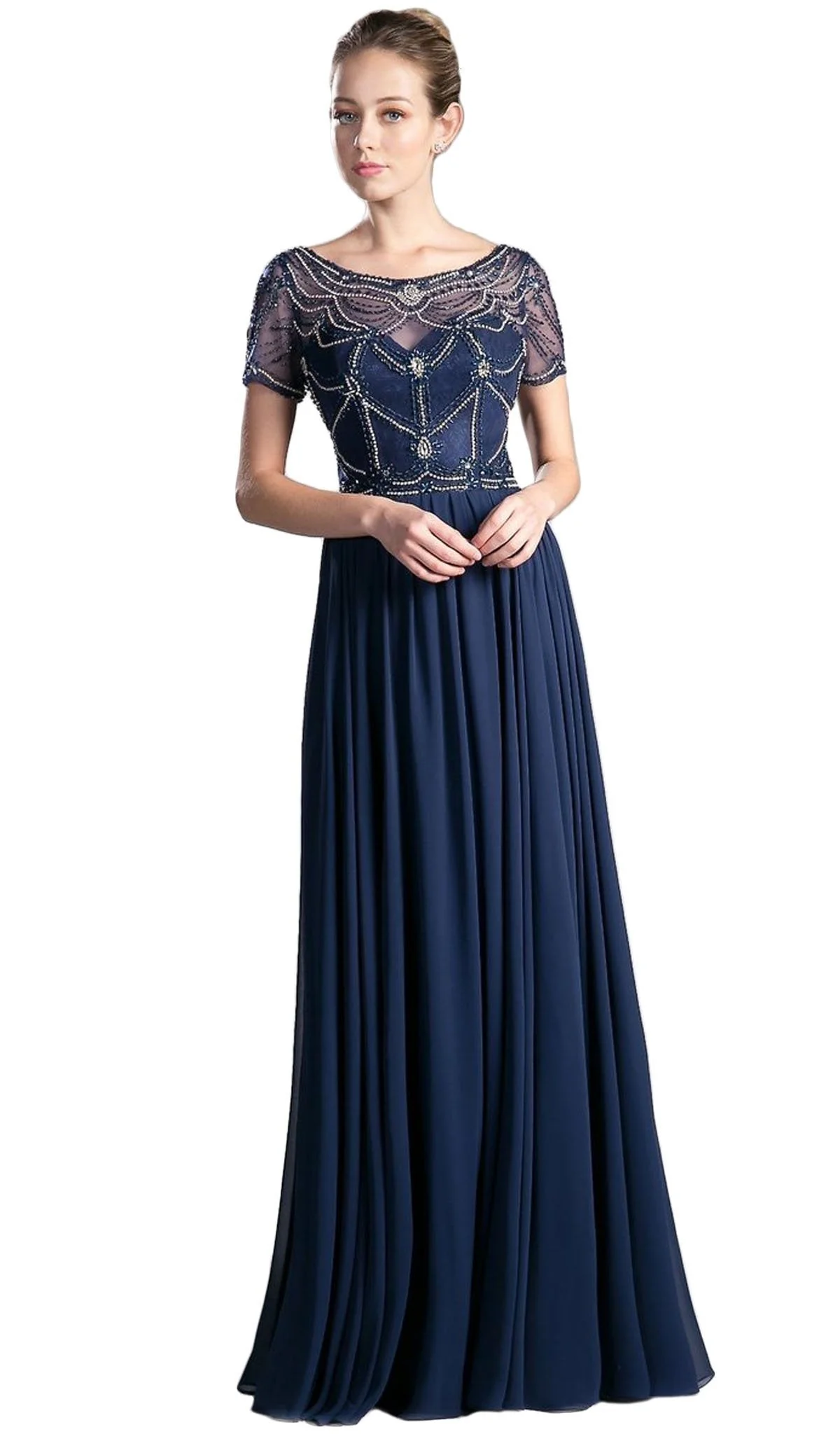 Ladivine CD0123 - Bateau Illusion Neckline Short Sleeves Mother of the Bride Dress