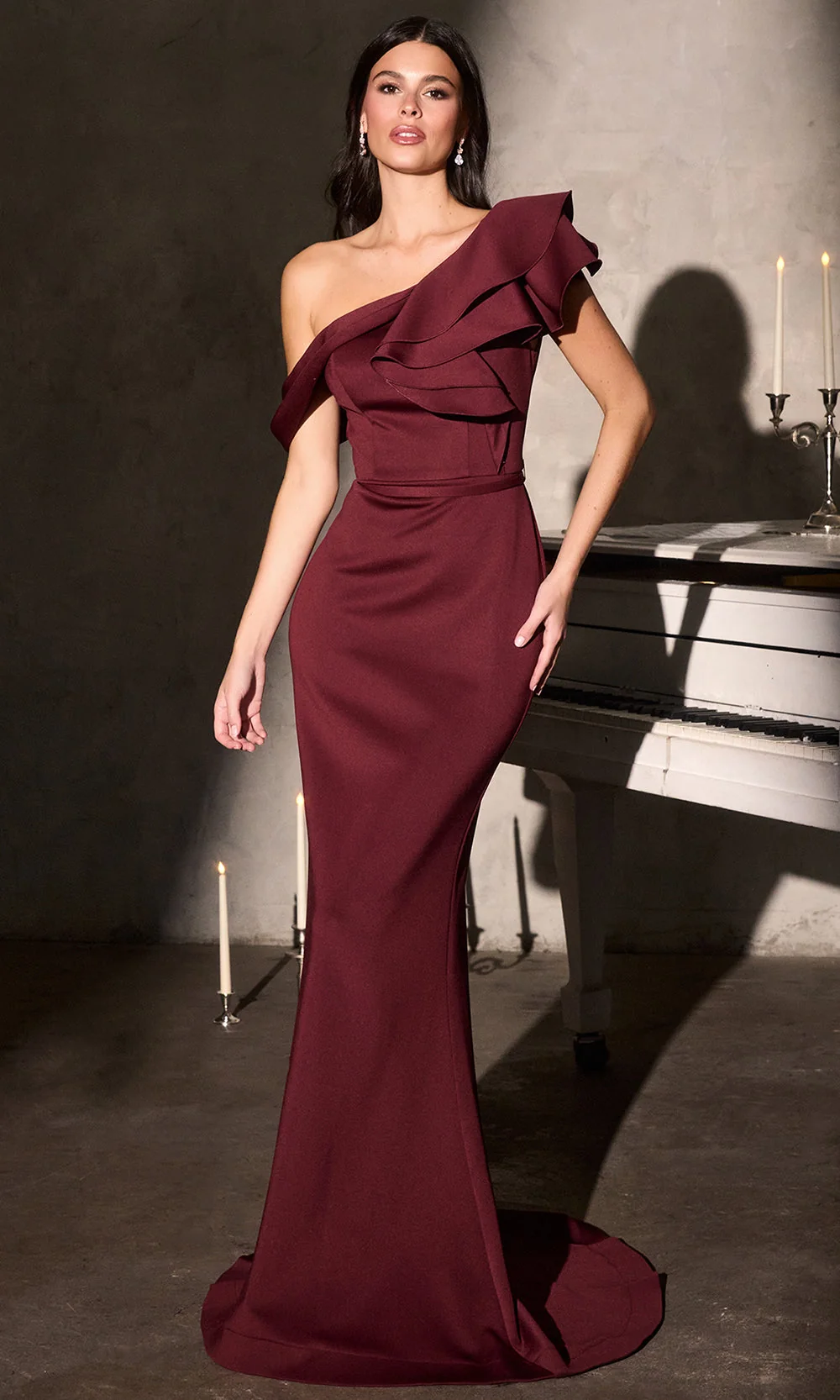 Ladivine CR886 - Fitted Asymmetric Gown with Ruffle Accent