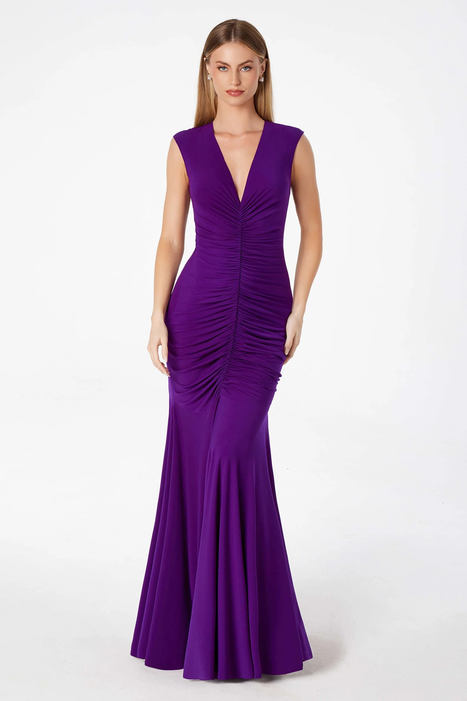 Ladivine T2009 - V Neck Ruched Long Gown - Image 6