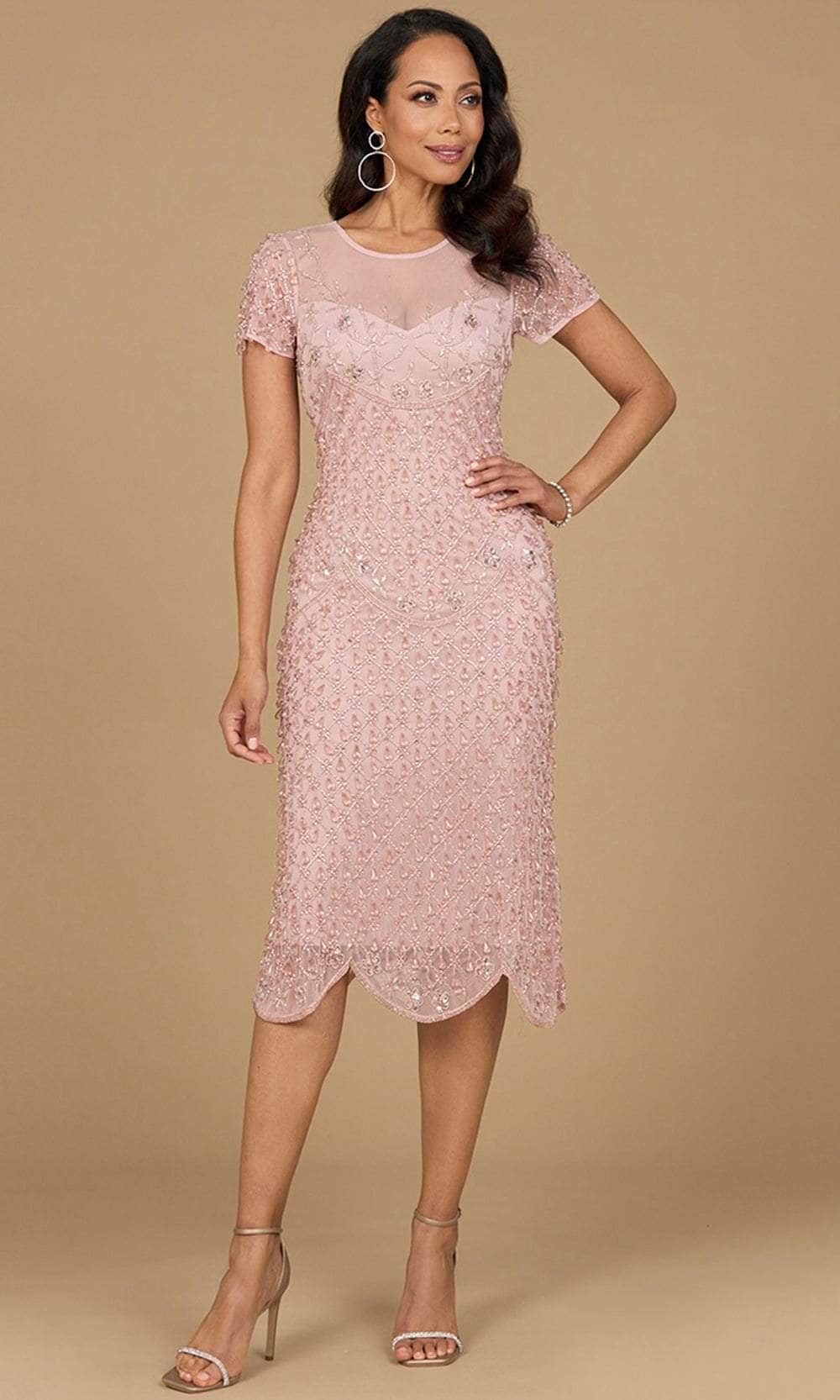 Lara Dresses 28974 - Beaded Short Sleeve Midi Dress