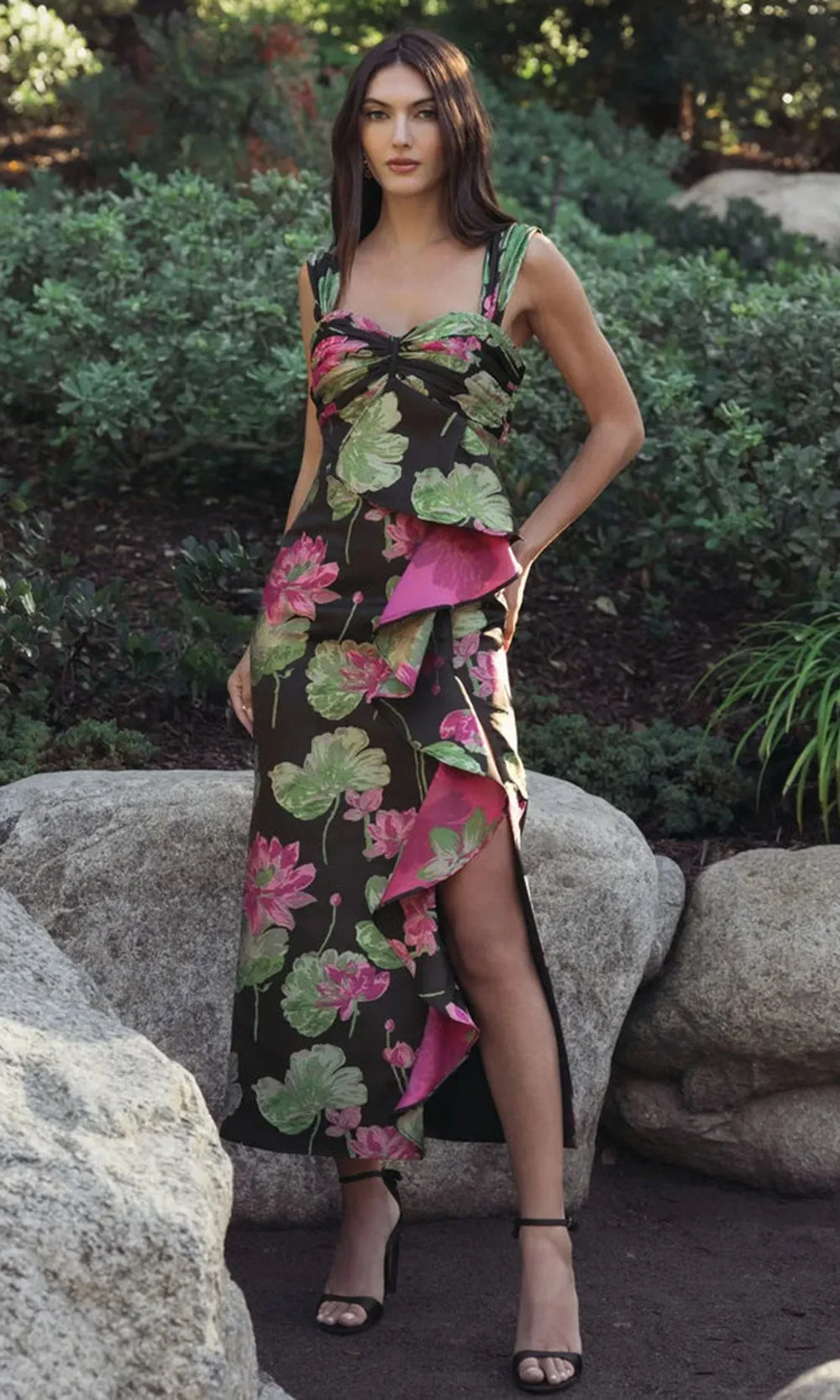 Mac Duggal 37095 - Brocade Wide Strap Fitted Dress with Ruffle - Image 6