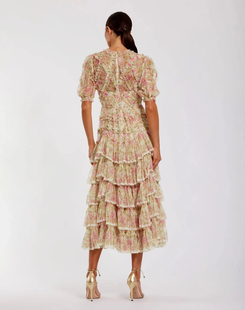 Mac Duggal 8295 - Puff Sleeve Ruffle Printed Mesh Dress - Image 2