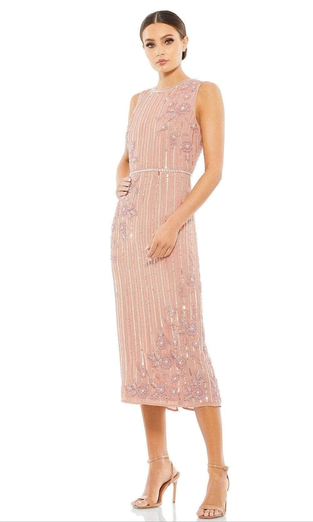 Mac Duggal Cocktail 70260D - Floral Beaded Tea-Length Cocktail Dress