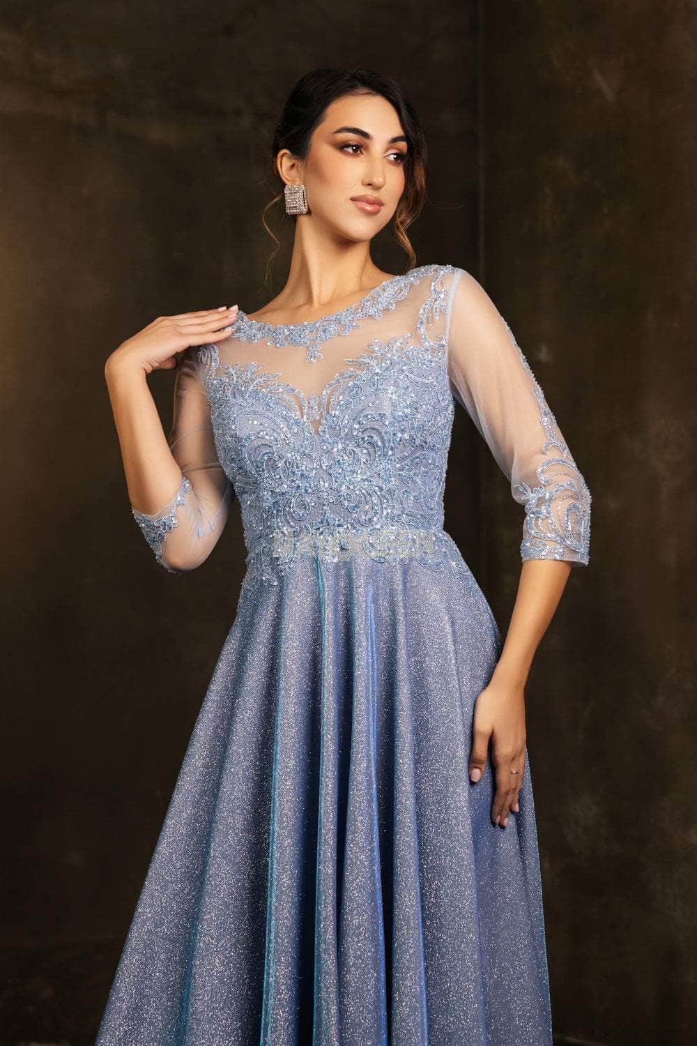 May Queen MQ2124 - Sheer Sleeve Embroidered A-line Dress - Image 6