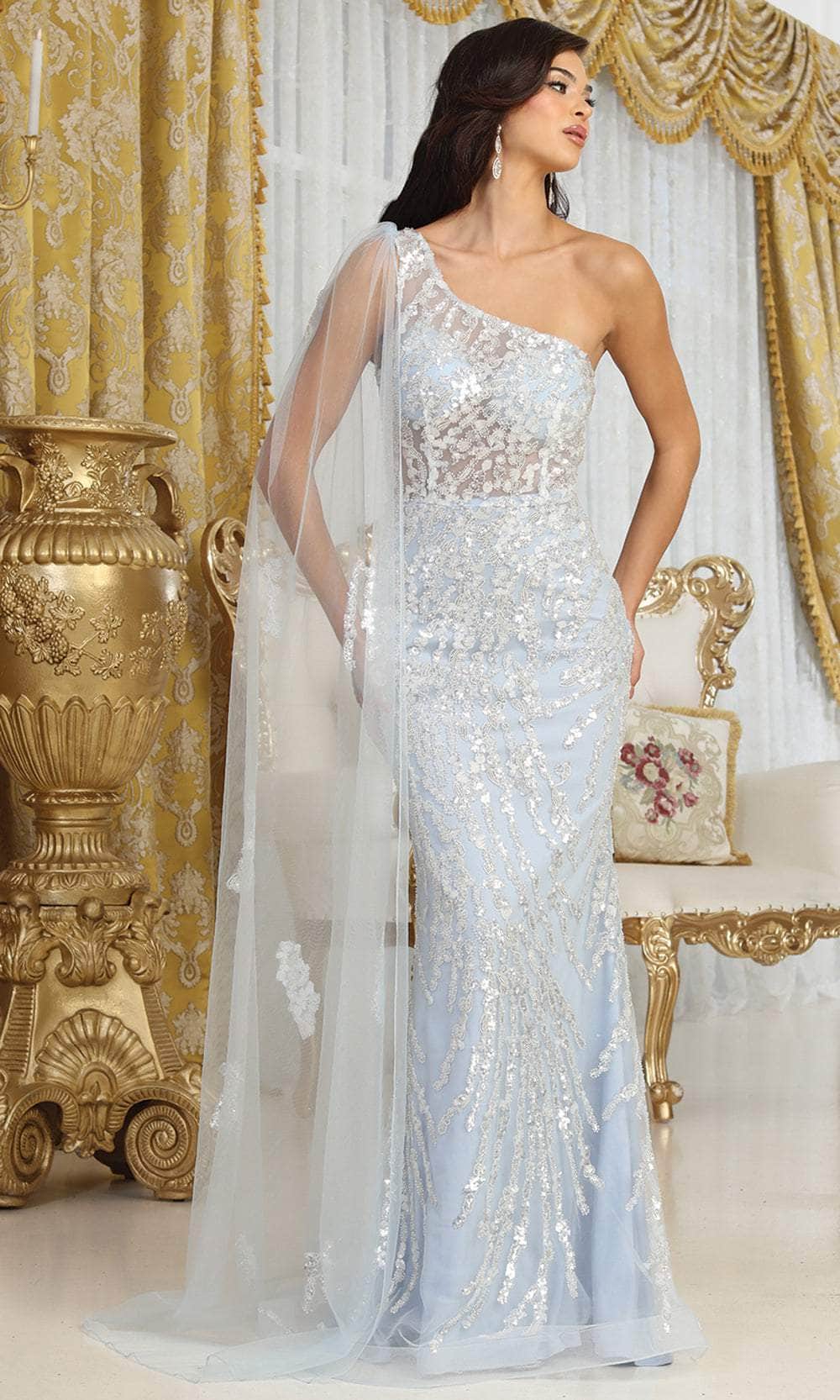 May Queen RQ8075 - Long Cape Sheath Prom Gown - Image 3