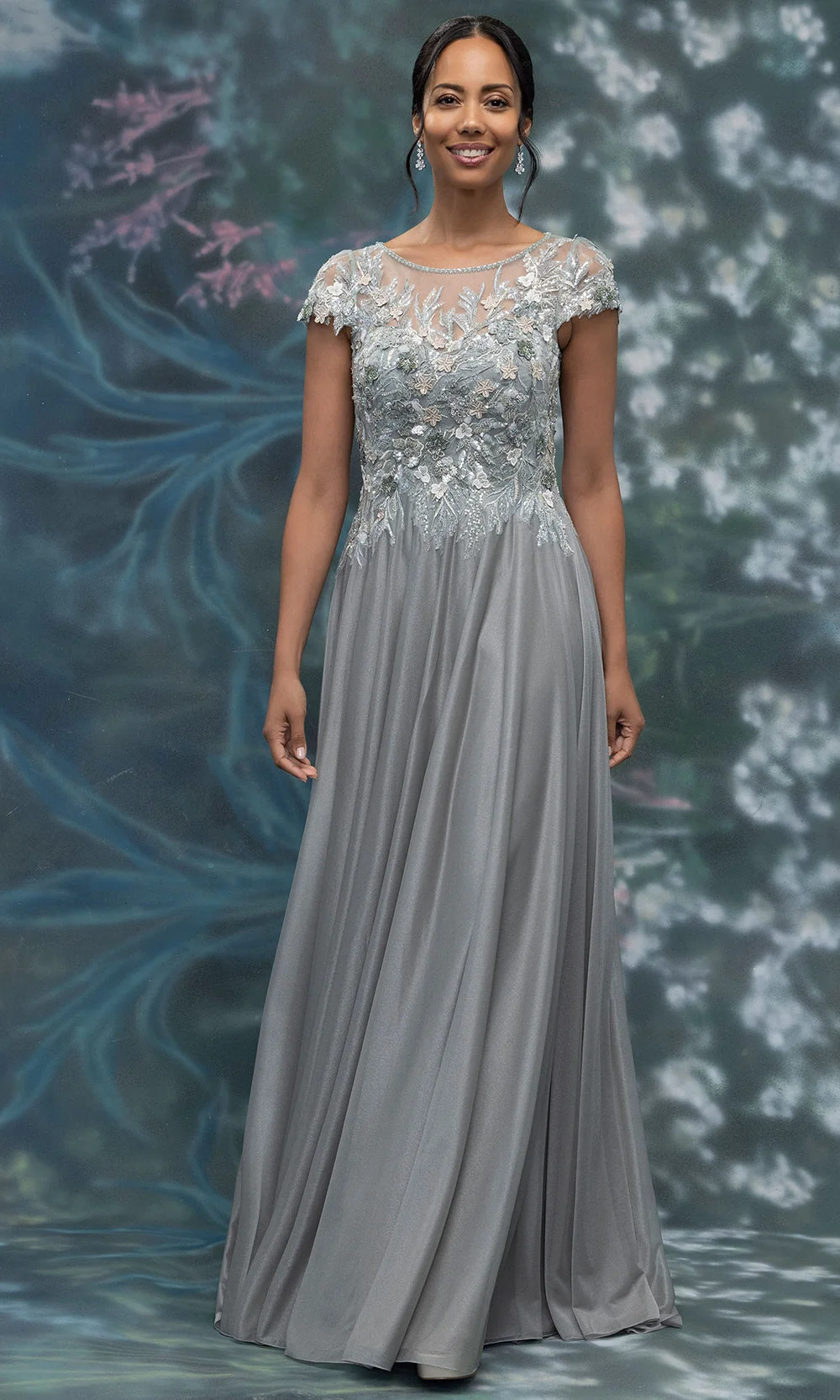 MGNY By Mori Lee 2070022 - Cap Sleeve Chiffon Formal Gown with 3D Floral - Image 4